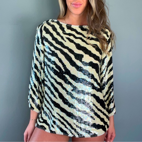 Vintage 1985 Jeanette for St. Martin Sequin Animal Print Shirt Blouse - Picture 3 of 5